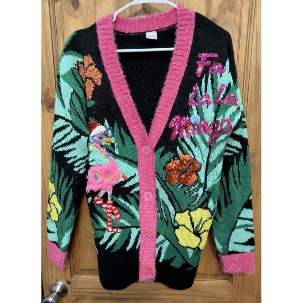 *Holiday Time Fa La La Mingo Flamingo Ugly Christmas Cardigan Sweater L Sequin